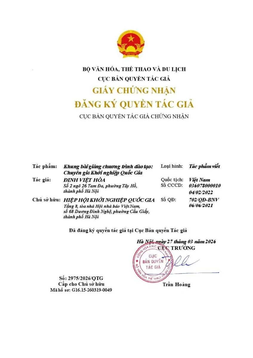 Giấy chứng nhận đăng ký quyền tác giả của chương trình Chuyên gia Khởi nghiệp Quốc gia